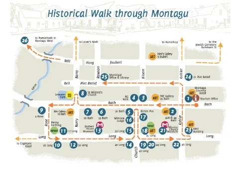 Montagu historic walk map showing heritage buildings and landmarks in the town centre
